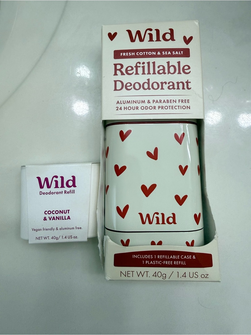 WILD - Refillable Heart-Print Deodorant Case Cream with Red Hearts + refill